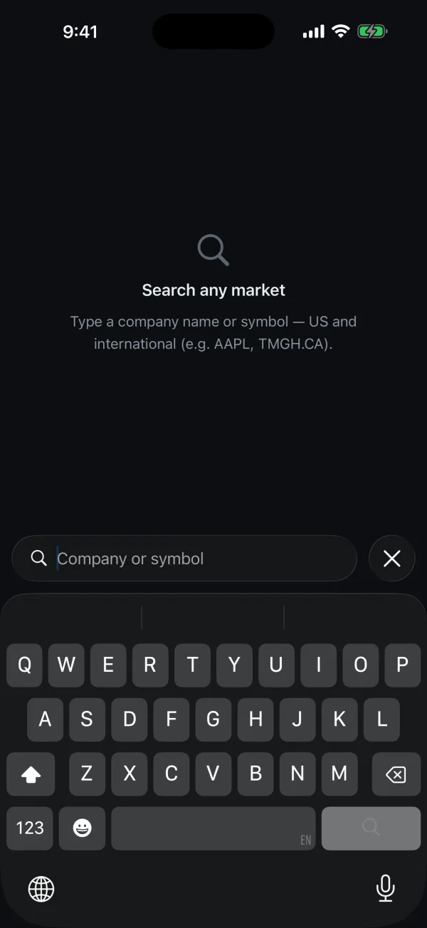 Stock search screen with a query field and matching tickers listed beneath