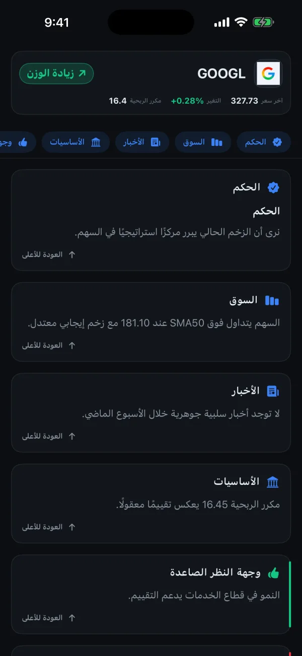 تحليل سهم GOOGL بتقييم زيادة الوزن مع أقسام الحكم والسوق والأخبار والبيانات الأساسية