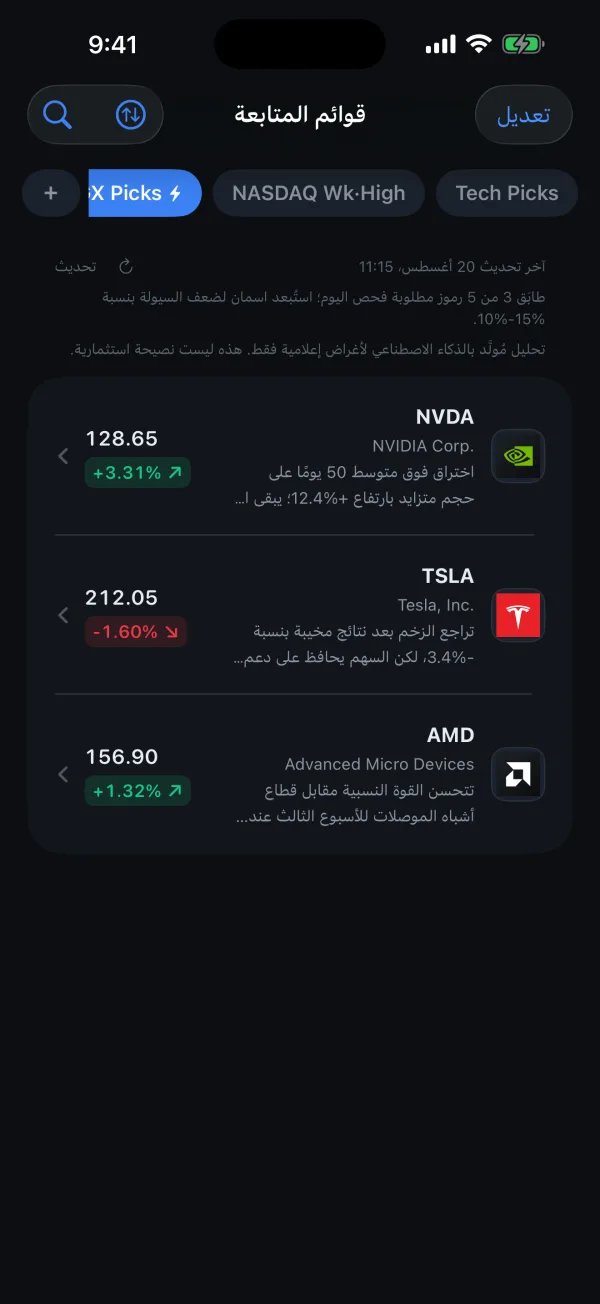 شاشة قوائم المتابعة بعدة قوائم أعلى الشاشة وأسعار حيّة لأسهم NVDA وTSLA وAMD