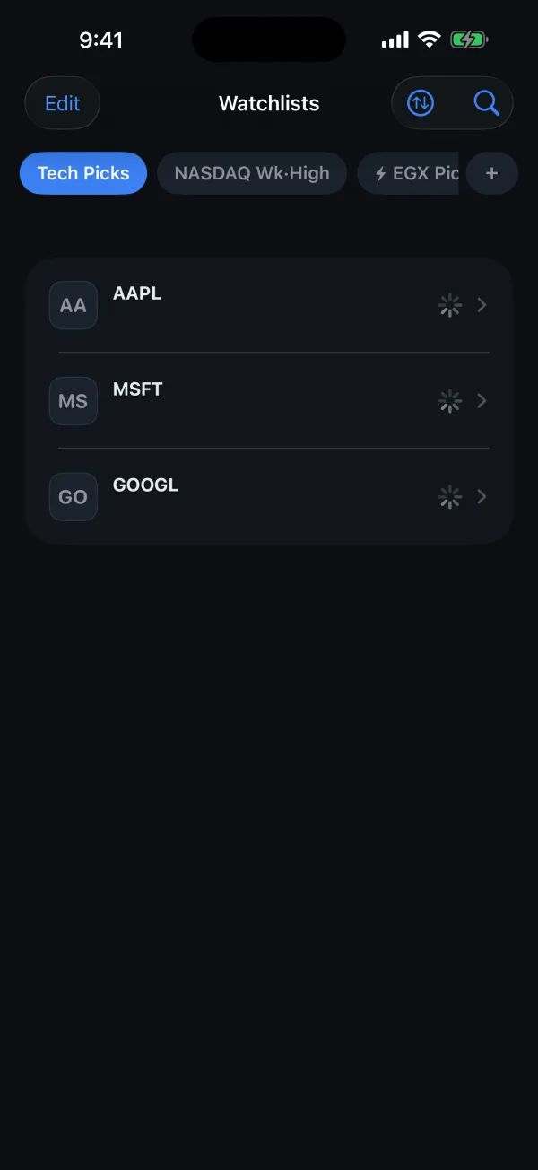 MyTradAI watchlist screen with Tech Picks, NASDAQ Wk-High and EGX Picks lists across the top and live prices for NVDA, TSLA and AMD